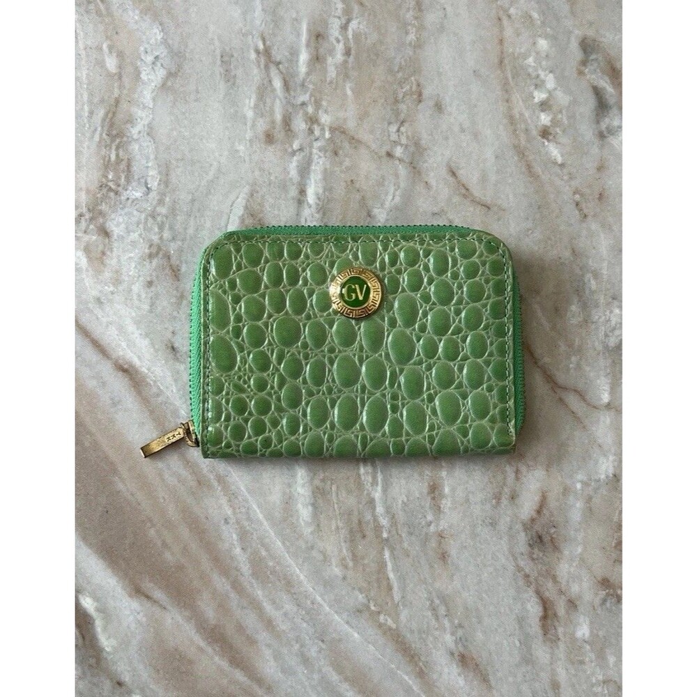 RARE VTG Gianni Versace Green Croc Embossed Leather Zip Around Wallet